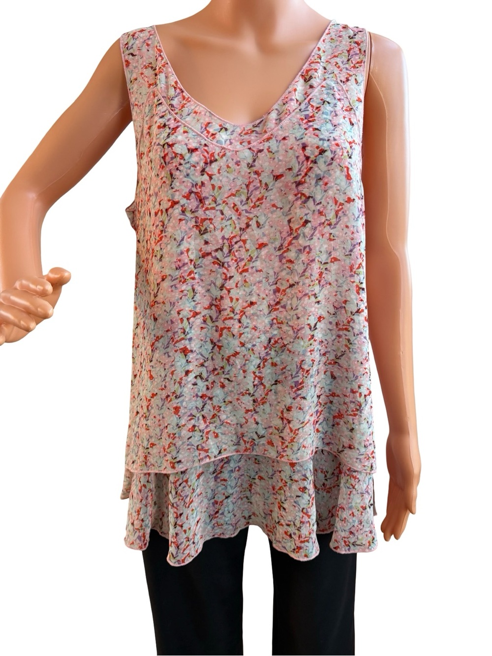 CAbi Pale Pink Multicolor Floral Layered V-Neck Tank Top